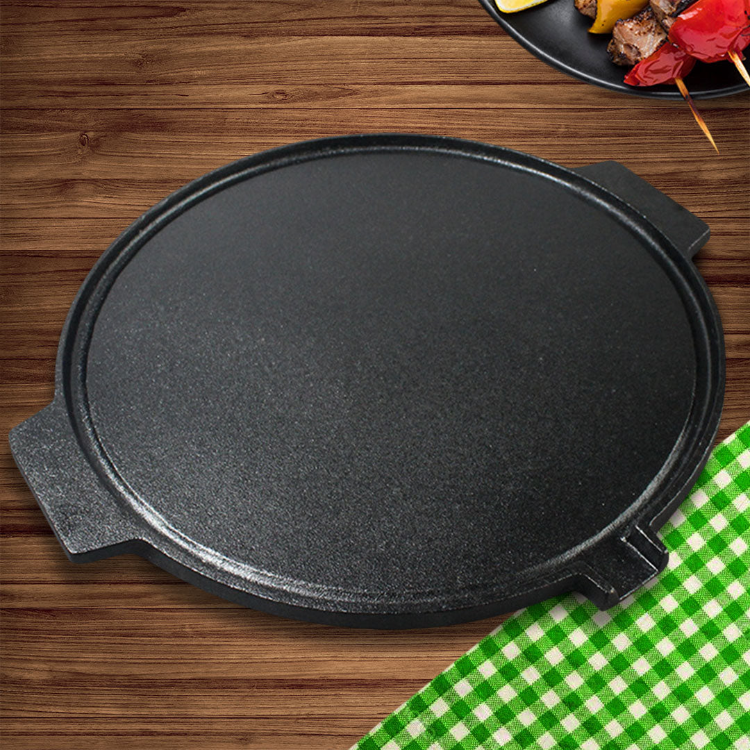 SOGA 30CM Round Cast Iron Korean BBQ Grill Plate with Handles and Drip Lip • LUZ-ZPai045