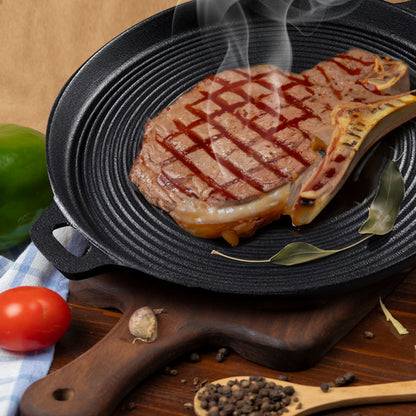 SOGA 2X 35cm Round Ribbed Cast Iron Frying Pan Skillet Steak Sizzle Platter with Handle • LUZ-ZPai004X2