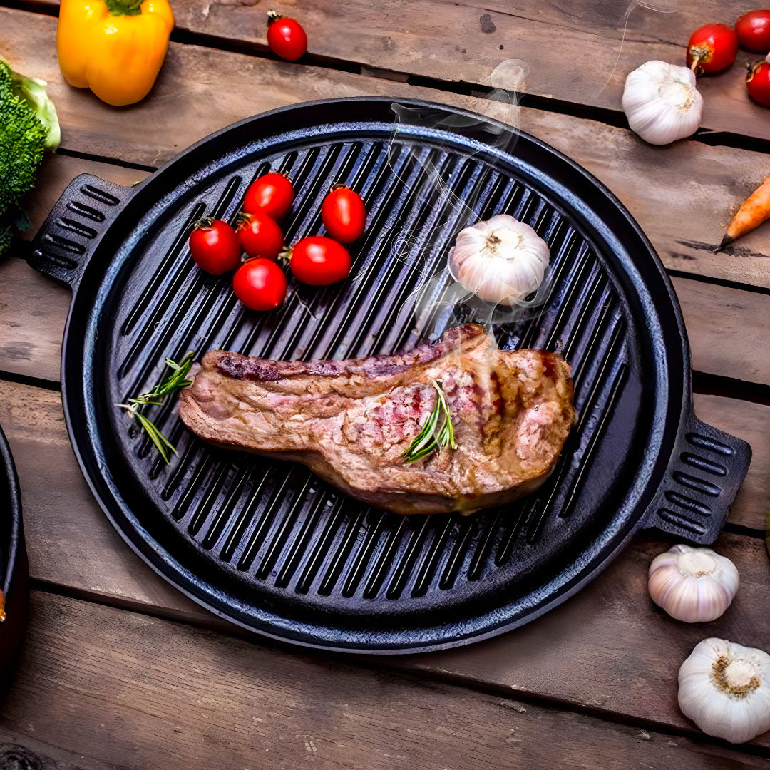 SOGA 2X 43cm Round Ribbed Cast Iron Frying Pan Skillet Steak Sizzle Platter with Handle • LUZ-ZPai002X2
