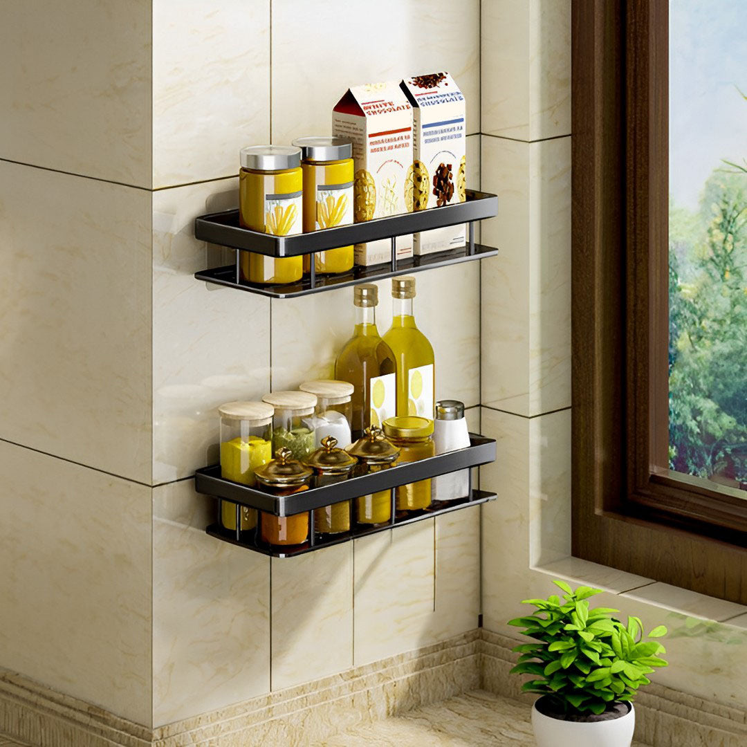 SOGA 2X Black Wall-Mounted Rectangular Bathroom Storage Organiser Space Saving Adhesive Shelf Rack LUZ-TAN1004X2