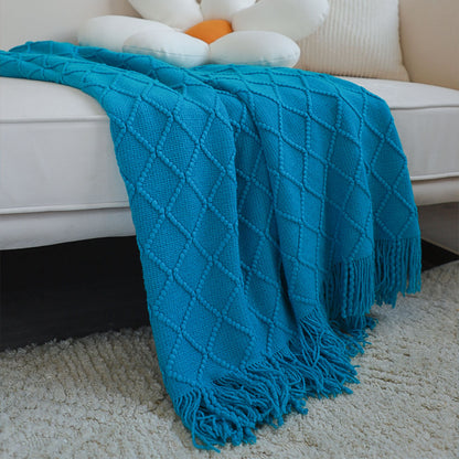 SOGA Blue Diamond Pattern Knitted Throw Blanket Warm Cozy Woven Cover Couch Bed Sofa Home Decor with Tassels • LUZ-Blanket904