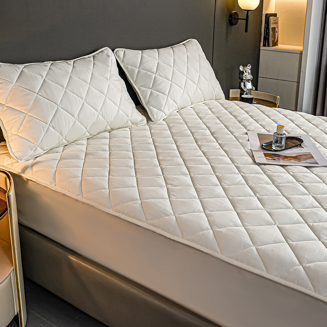 SOGA White 138cm Wide Cross-Hatch Mattress Cover Thick Quilted Stretchable Bed Spread Sheet Protector with Pillow Covers • LUZ-BCover4011