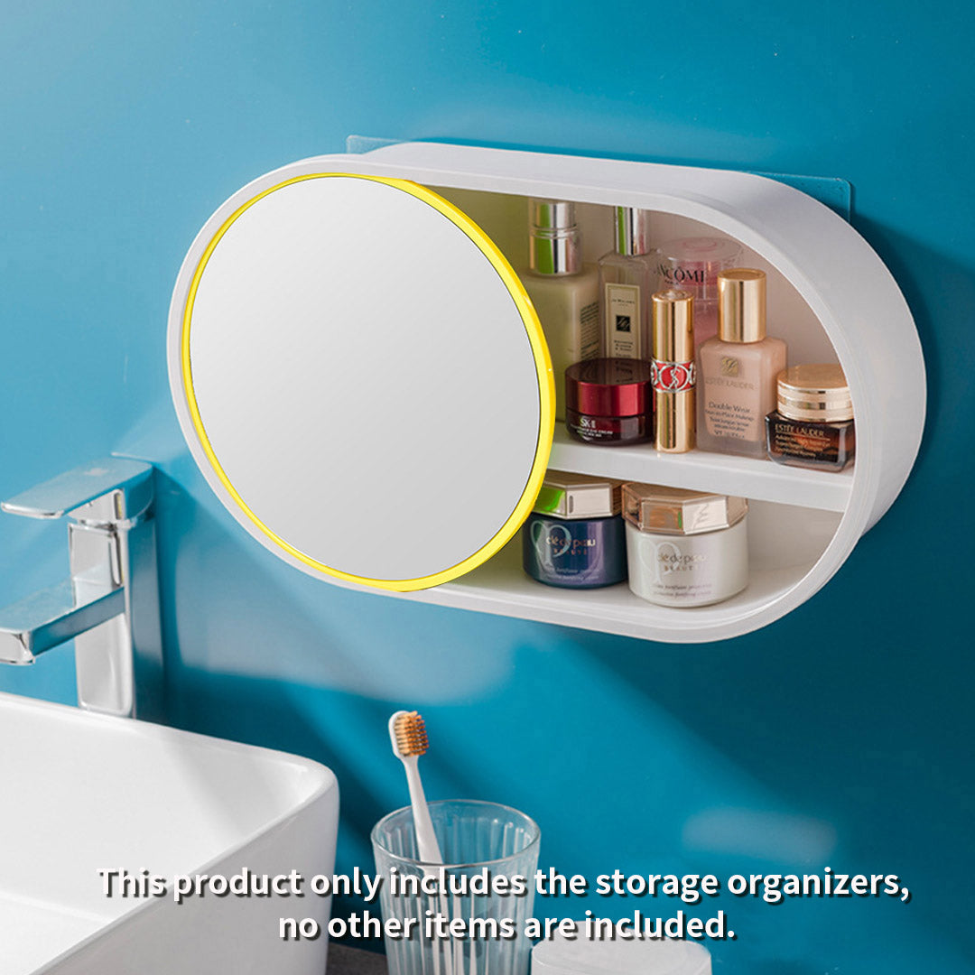 SOGA 39cm Oval Wall-Mounted Mirror Storage Box Vanity Mirror Rack Bathroom Adhesive Shelf Home Organiser Decor • LUZ-BathG323