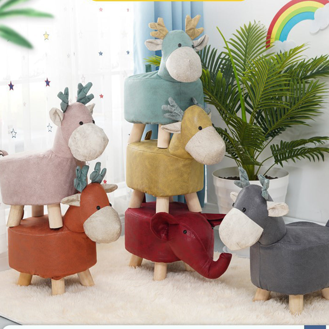 SOGA 2X Grey Children Bench Deer Character Round Ottoman Stool Soft Small Comfy Seat Home Decor • LUZ-AniStool25X2