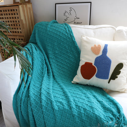SOGA 2X Teal Diamond Pattern Knitted Throw Blanket Warm Cozy Woven Cover Couch Bed Sofa Home Decor with Tassels • LUZ-Blanket923X2