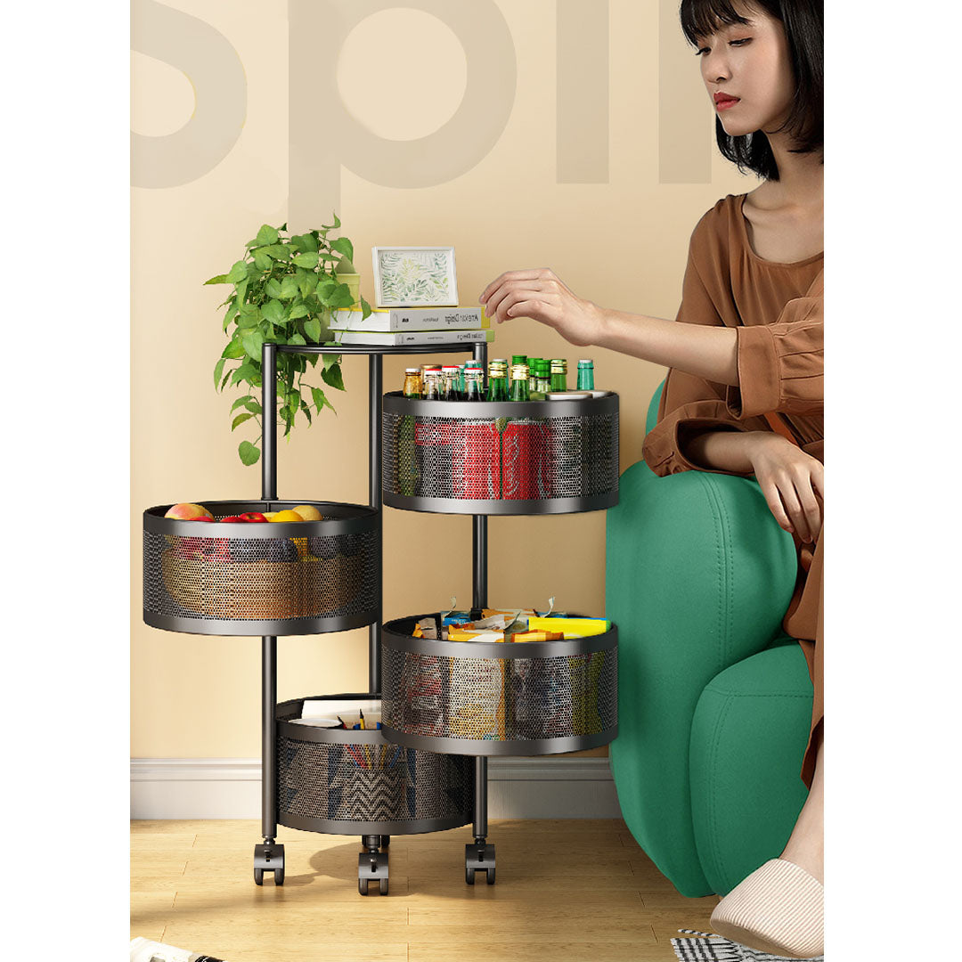 SOGA 4 Tier Steel Round Rotating Kitchen Cart Multi-Functional Shelves Portable Storage Organizer with Wheels • LUZ-KitchenXY016