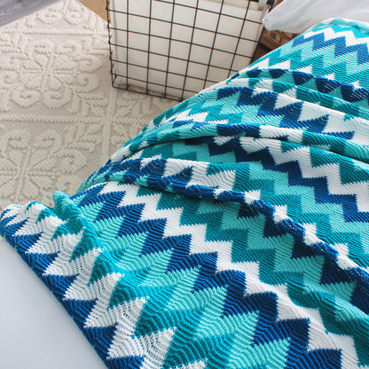 SOGA 220cm Blue Zigzag Striped Throw Blanket Acrylic Wave Knitted Fringed Woven Cover Couch Bed Sofa Home Decor • LUZ-Blanket920