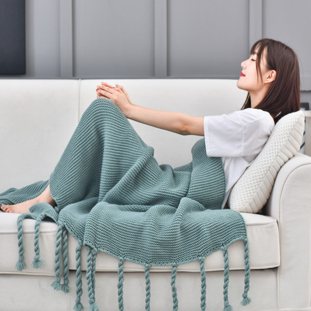 SOGA Green Tassel Fringe Knitting Blanket Warm Cozy Woven Cover Couch Bed Sofa Home Decor • LUZ-Blanket928