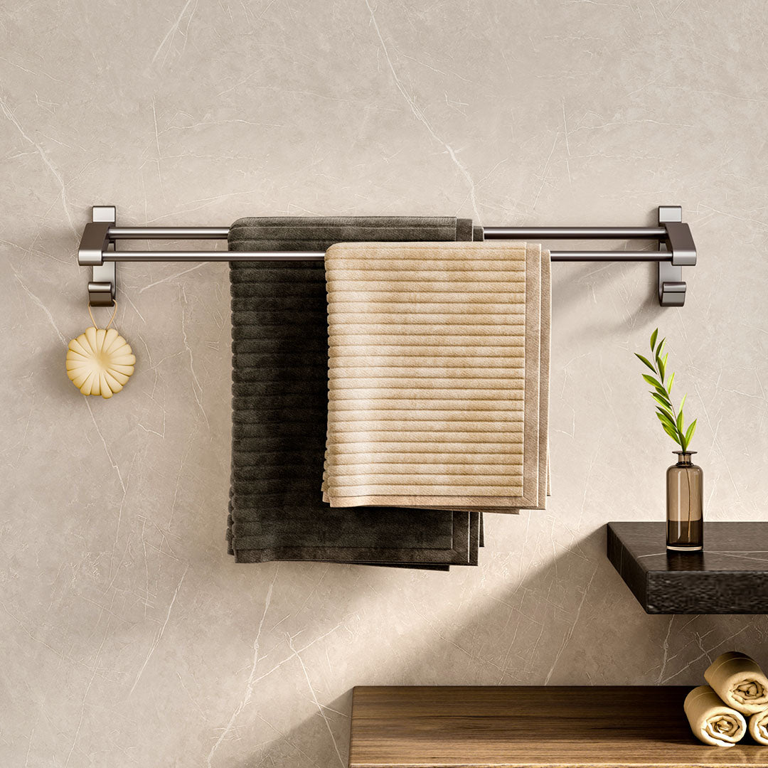 SOGA 62cm Gray Wall-Mounted Double Pole Towel Holder Bathroom Organiser Rail Hanger with Hooks • LUZ-TAN1018