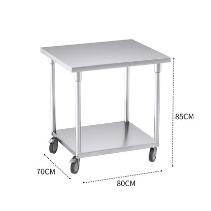 SOGA 80cm Commercial Catering Kitchen Stainless Steel Prep Work Bench Table with Wheels • LUZ-WorkBenchSS800780CM