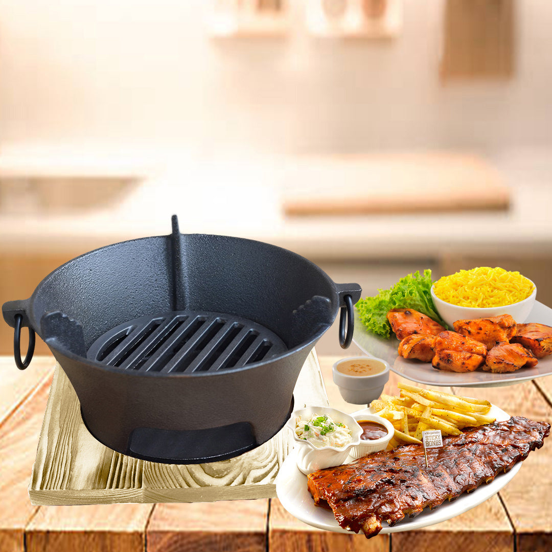 SOGA 2X Large Cast Iron Round Stove Charcoal Table Net Grill Japanese Style BBQ Picnic Camping with Wooden Board • LUZ-Zpai056LgeX2