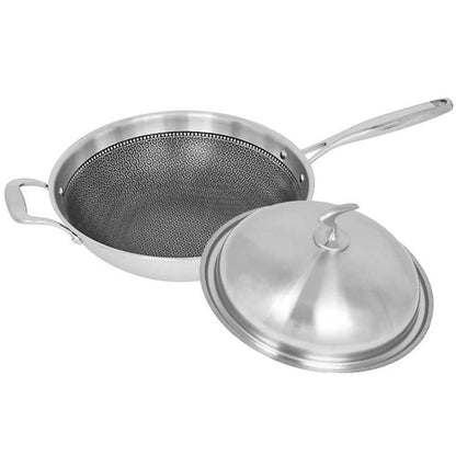SOGA 2X 18/10 Stainless Steel Fry Pan 34cm Frying Pan Top Grade Textured Non Stick Interior Skillet with Helper Handle and Lid • LUZ-TRIFPS34X2