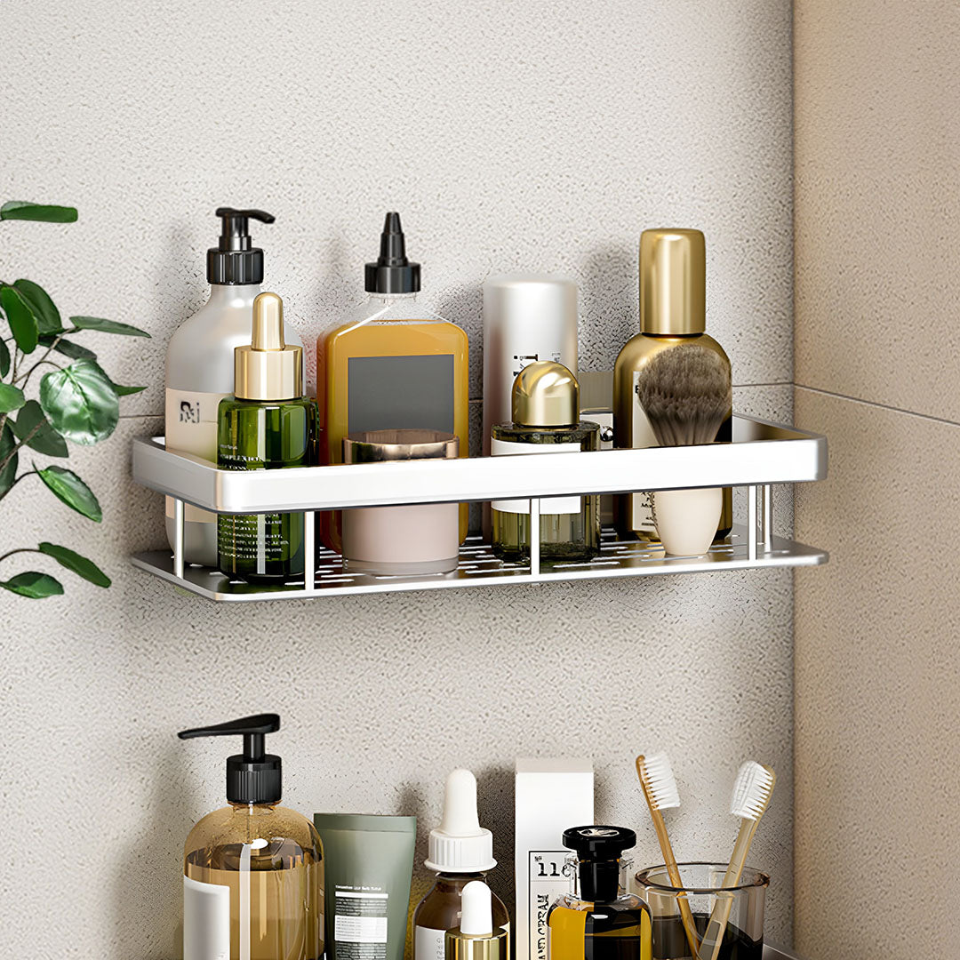 SOGA 2X Silver Wall-Mounted Rectangular Bathroom Storage Organiser Space Saving Adhesive Shelf Rack LUZ-TAN1005X2