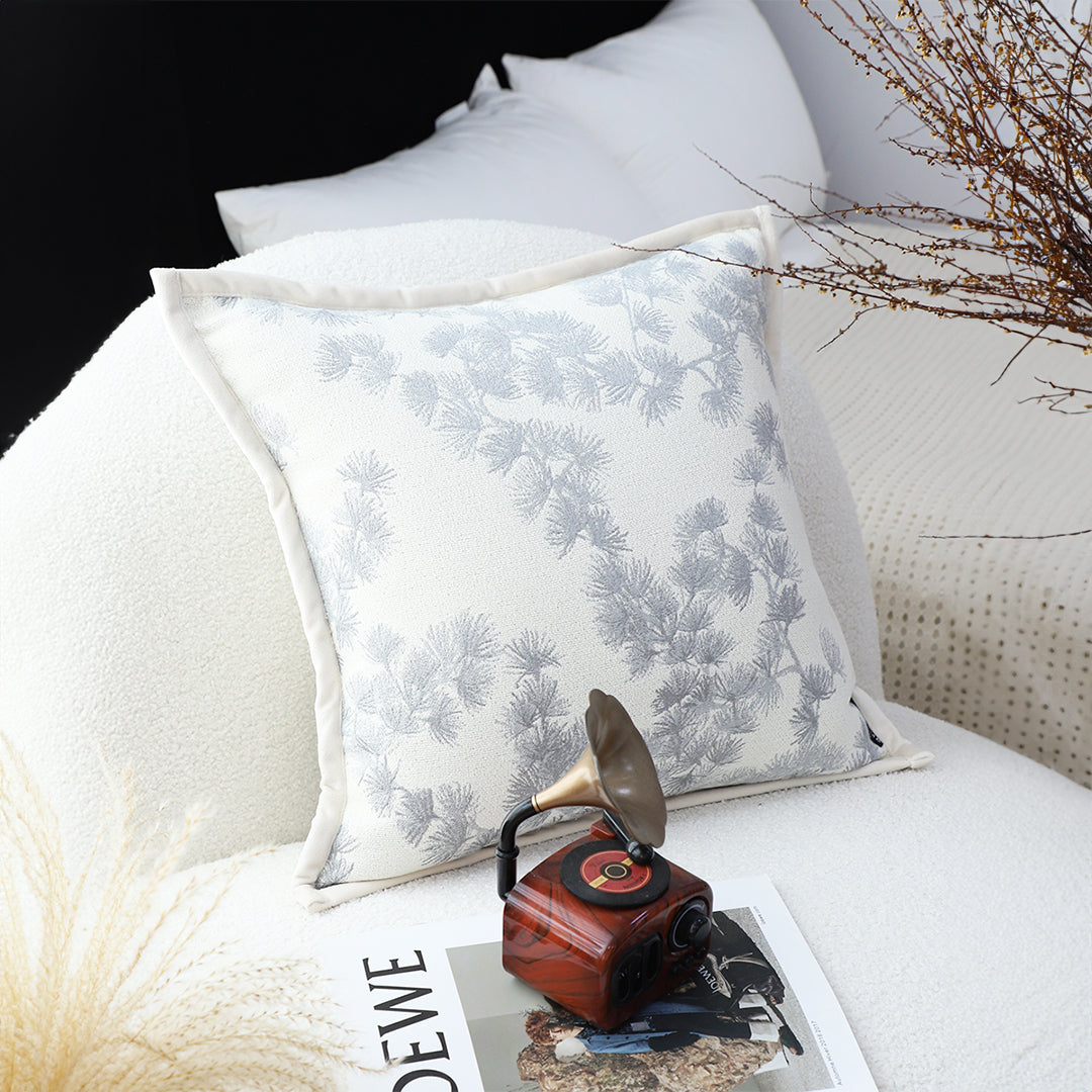 SOGA 45cm Throw Pillow Cream White Wide Border with Branch and Pine Needle Design Pattern Home Decor • LUZ-FrenchCushion306