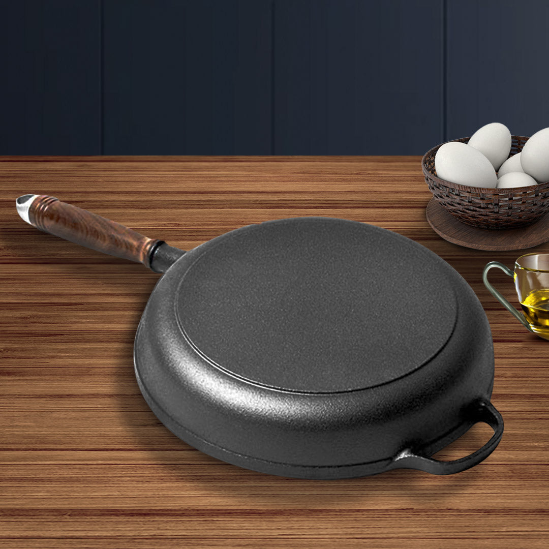 SOGA 29cm Round Cast Iron Frying Pan Skillet Steak Sizzle Platter with Helper Handle • LUZ-ZPaiC5