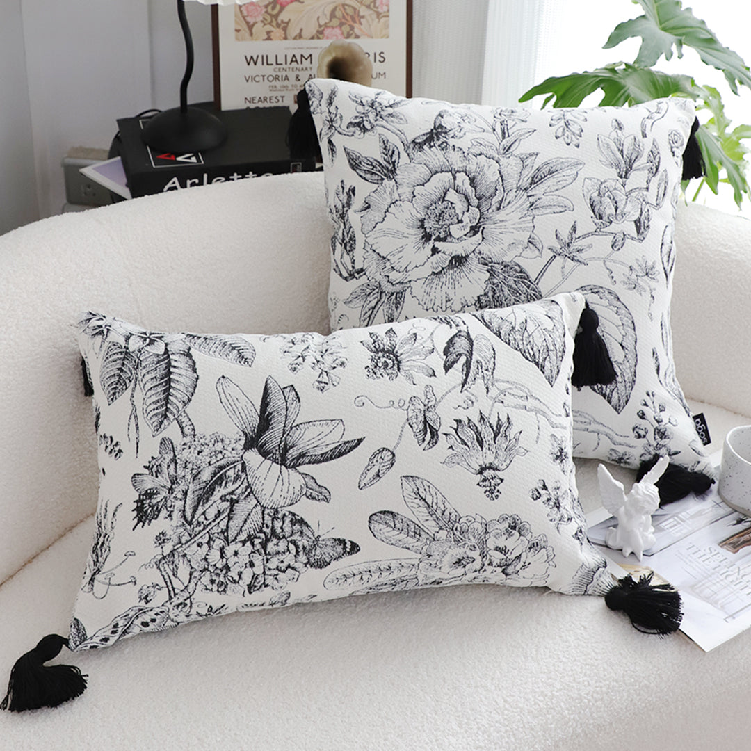 SOGA 35cm Throw Pillow  Black and White Floral Print Elegant with Tassel Accents Home Decor • LUZ-FrenchCushion342