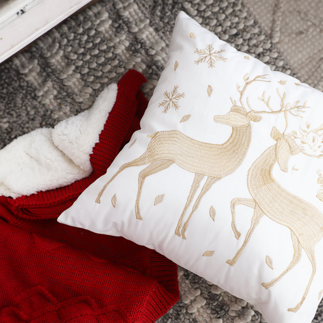 SOGA 2X 45cm Throw Pillow White with Golden Christmas Reindeer Festive Cushion for Cozy Winter Decor • LUZ-FrenchCushion268X2
