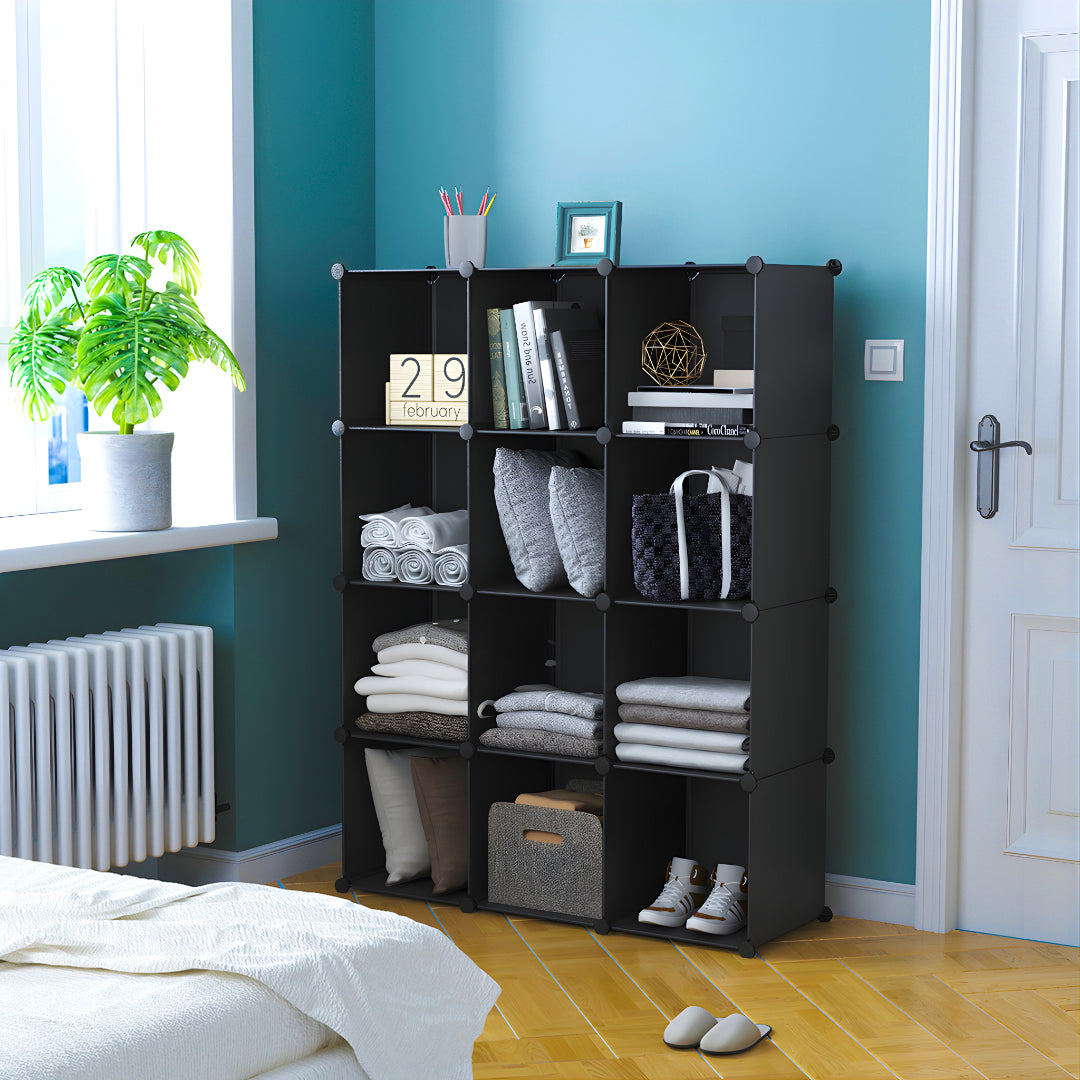 SOGA 4 Tier 12-Cube Black Portable Wardrobe Divide-Grid Modular Storage Organiser Foldable Closet • LUZ-Wrobe1768