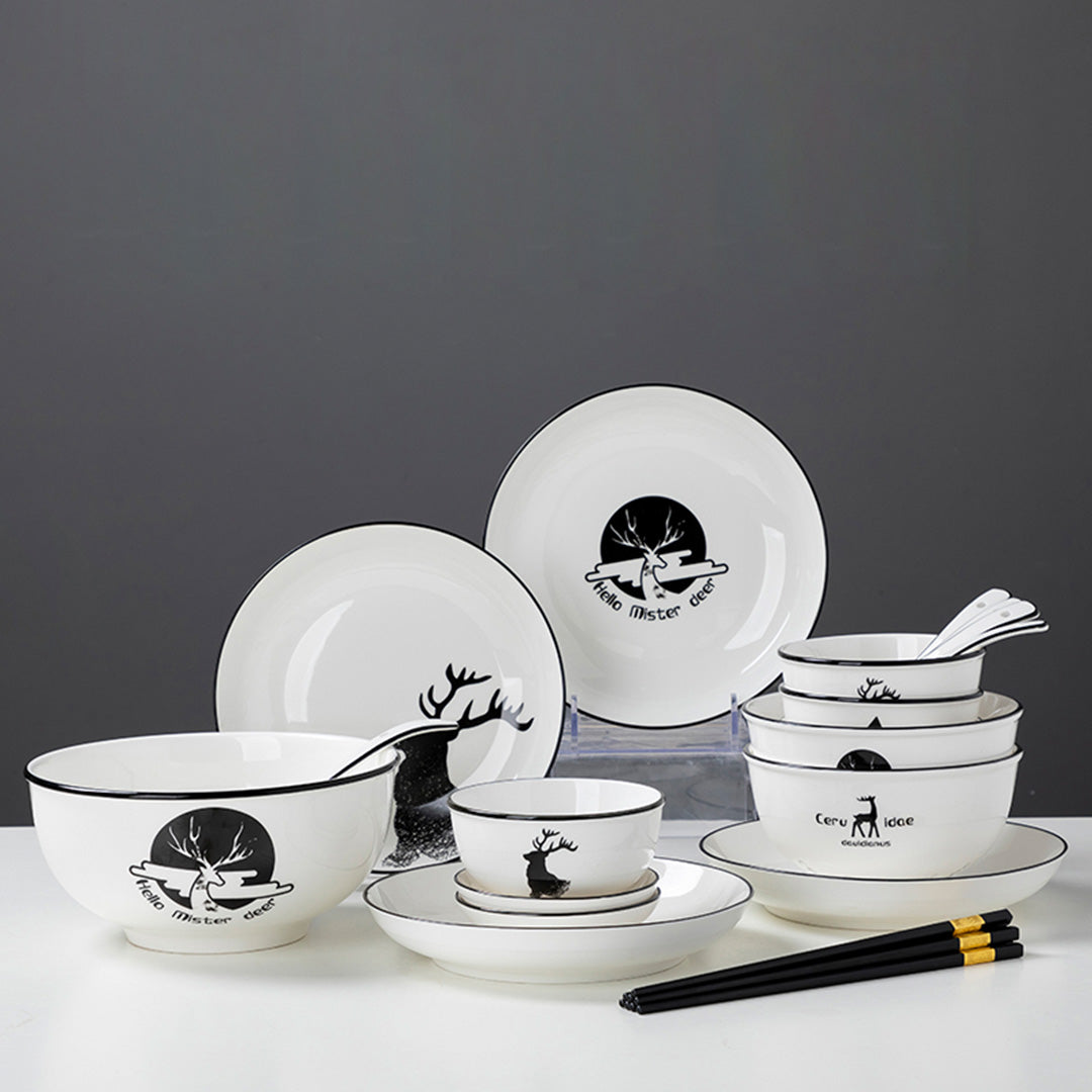 SOGA White Antler Printed Ceramic Dinnerware Set Crockery Soup Bowl Plate Server Kitchen Home Decor Set of 13 • LUZ-BowlG772