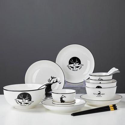 SOGA White Antler Printed Ceramic Dinnerware Set Crockery Soup Bowl Plate Server Kitchen Home Decor Set of 13 • LUZ-BowlG772