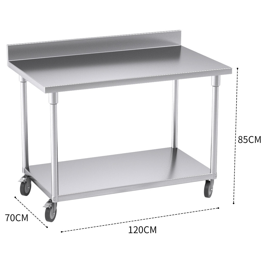 SOGA 120cm Commercial Catering Kitchen Stainless Steel Prep Work Bench Table with Backsplash and Caster Wheels • LUZ-WorkBenchSS8003120CM