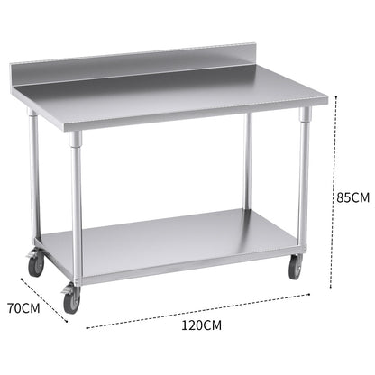SOGA 120cm Commercial Catering Kitchen Stainless Steel Prep Work Bench Table with Backsplash and Caster Wheels • LUZ-WorkBenchSS8003120CM