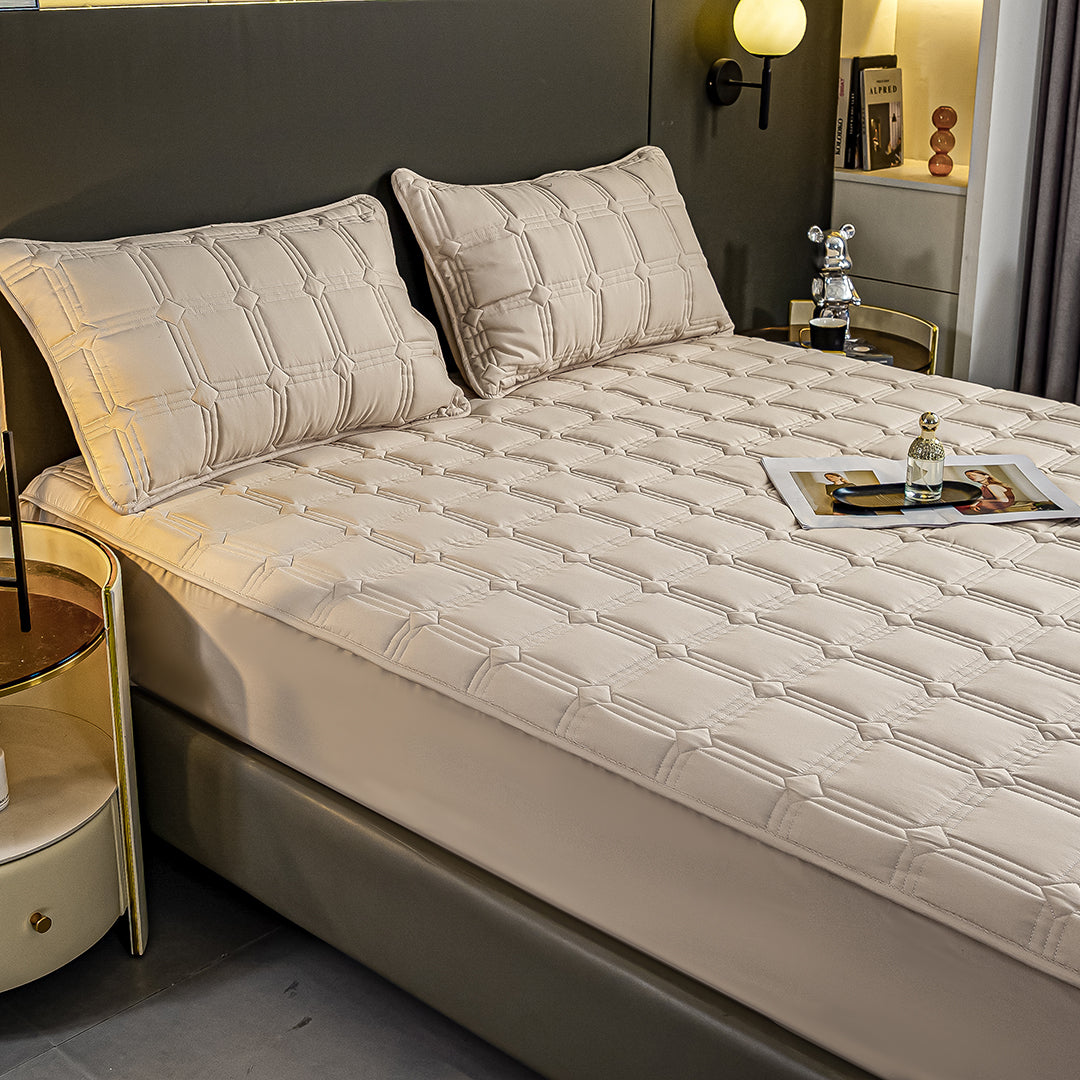 SOGA 2X Beige 183cm Wide Mattress Cover Thick Quilted Stretchable Bed Spread Sheet Protector with Pillow Covers • LUZ-BCover4002X2