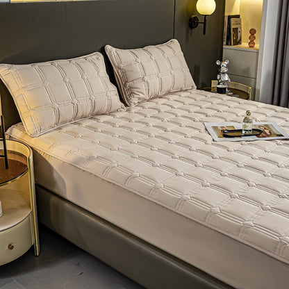 SOGA 2X Beige 183cm Wide Mattress Cover Thick Quilted Stretchable Bed Spread Sheet Protector with Pillow Covers • LUZ-BCover4002X2