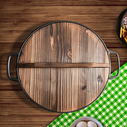 SOGA 29cm Round Cast Iron Pre-seasoned Deep Baking Pizza Frying Pan Skillet with Wooden Lid • LUZ-ZPaiC1