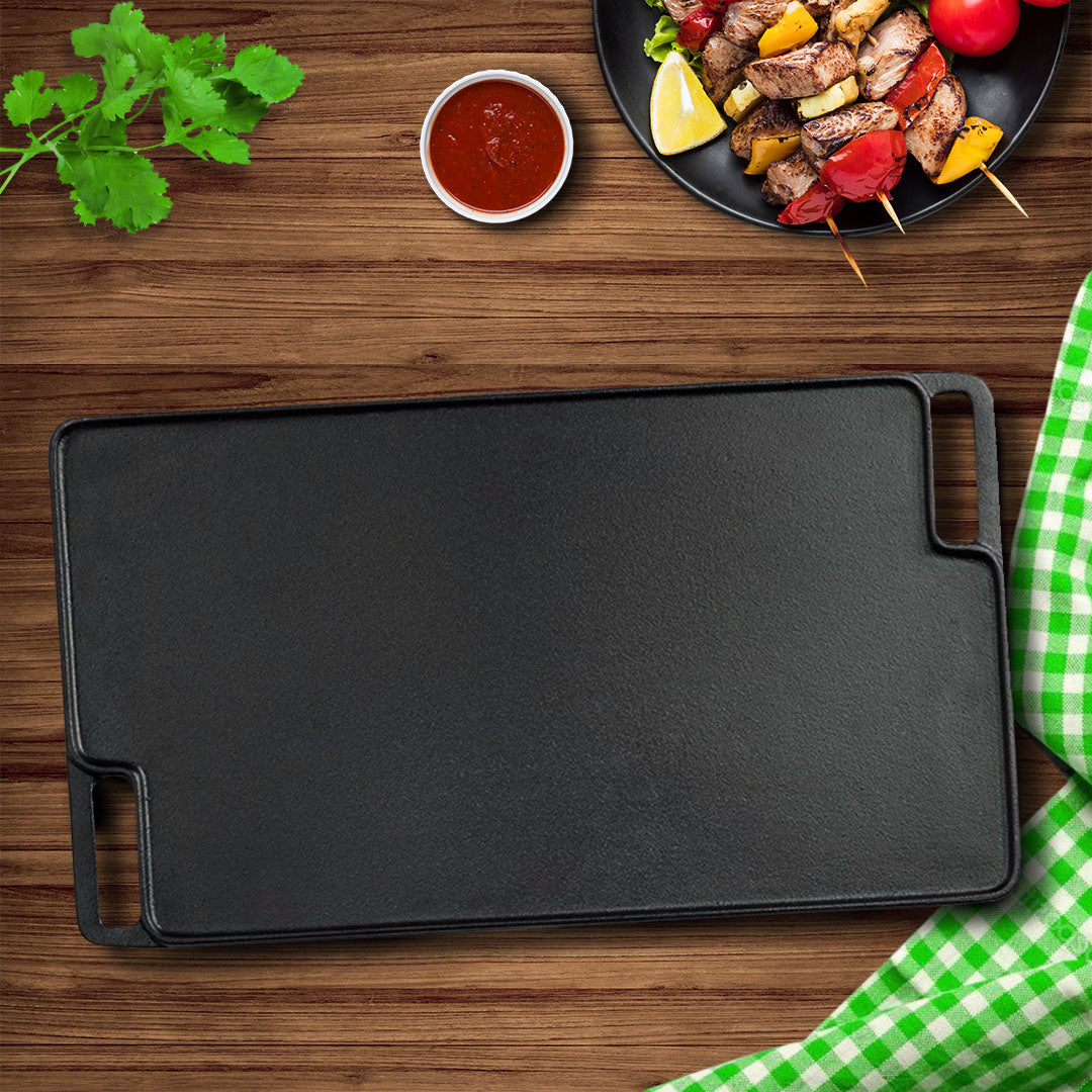 SOGA 2X 45cm Rectangular Cast Iron Portable Fry BBQ Grill Plate Cooking Pan Tray with Handle • LUZ-ZPai039X2