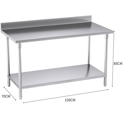 SOGA Commercial Catering Kitchen Stainless Steel Prep Work Bench Table with Back-splash 150*70*85cm • LUZ-WorkBenchSS2004150CM