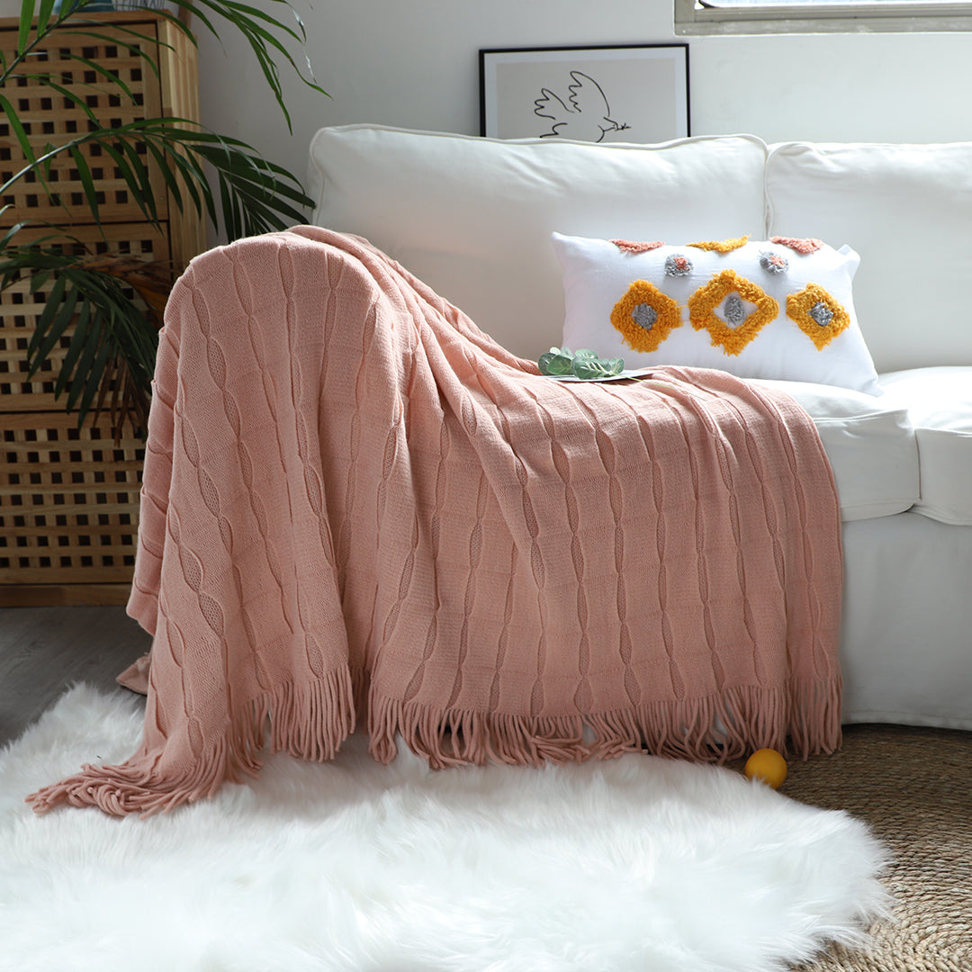 SOGA 2X Pink Textured Knitted Throw Blanket Warm Cozy Woven Cover Couch Bed Sofa Home Decor with Tassels • LUZ-Blanket927X2
