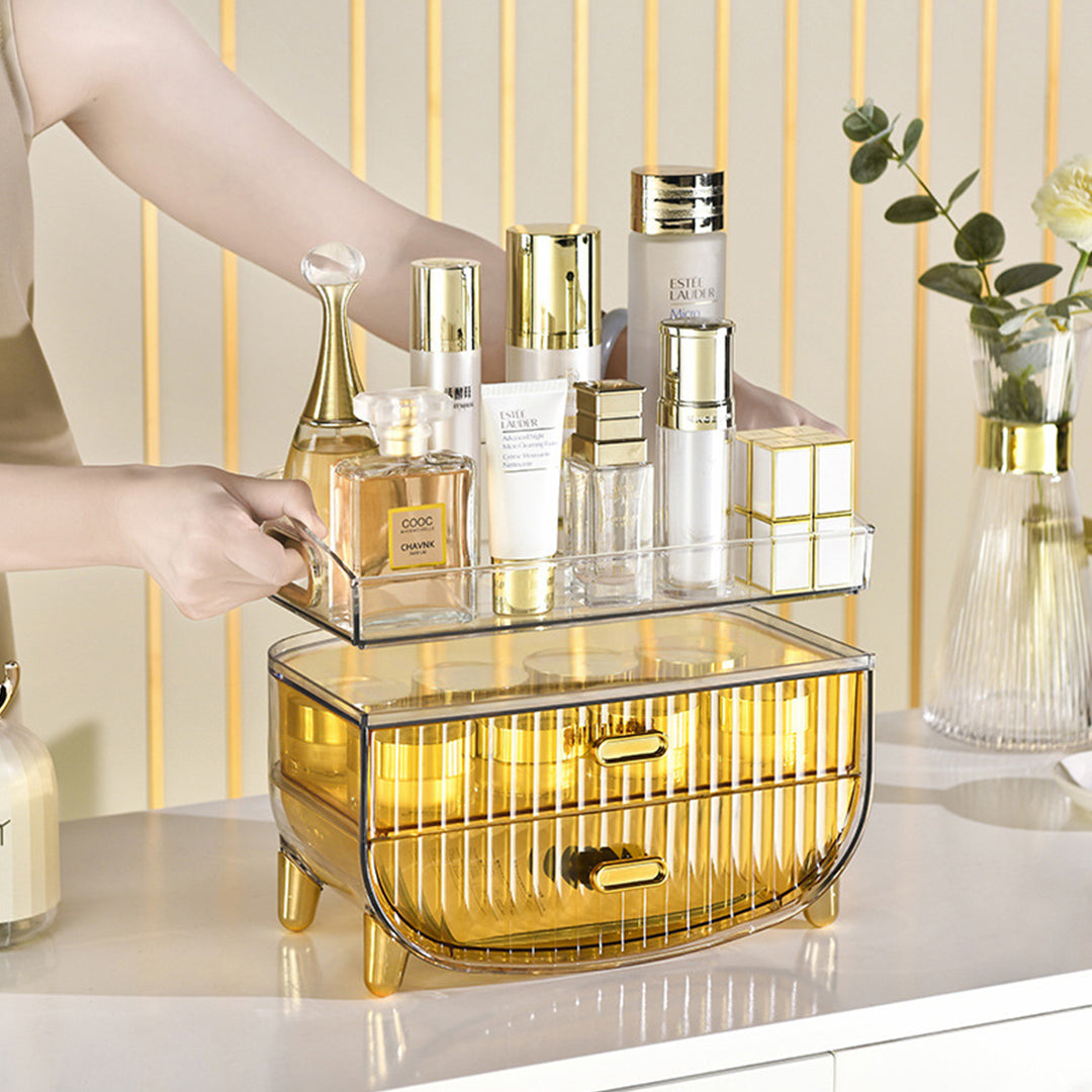 SOGA 2X 2 Tier Golden Yellow Multifunctional Countertop Cosmetic Storage Makeup Skincare Holder Jewelry Cabinet Bathroom Desk Drawer Vanity Organiser • LUZ-BathC122X2