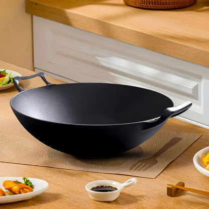 SOGA 2X 32cm Commercial Cast Iron Wok FryPan Fry Pan with Double Handle • LUZ-ZPai013AX2