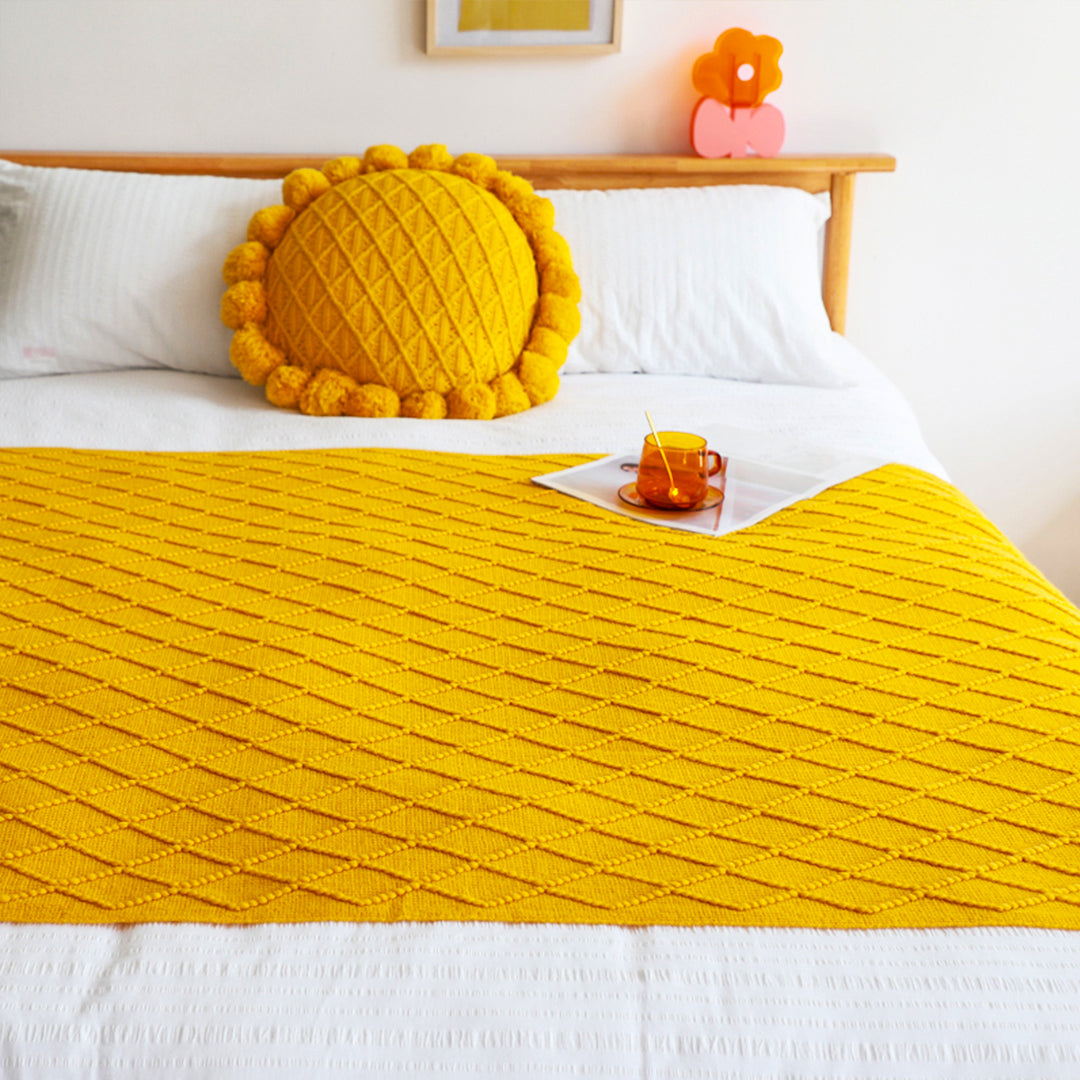 SOGA Yellow Diamond Pattern Knitted Throw Blanket Warm Cozy Woven Cover Couch Bed Sofa Home Decor with Tassels • LUZ-Blanket901