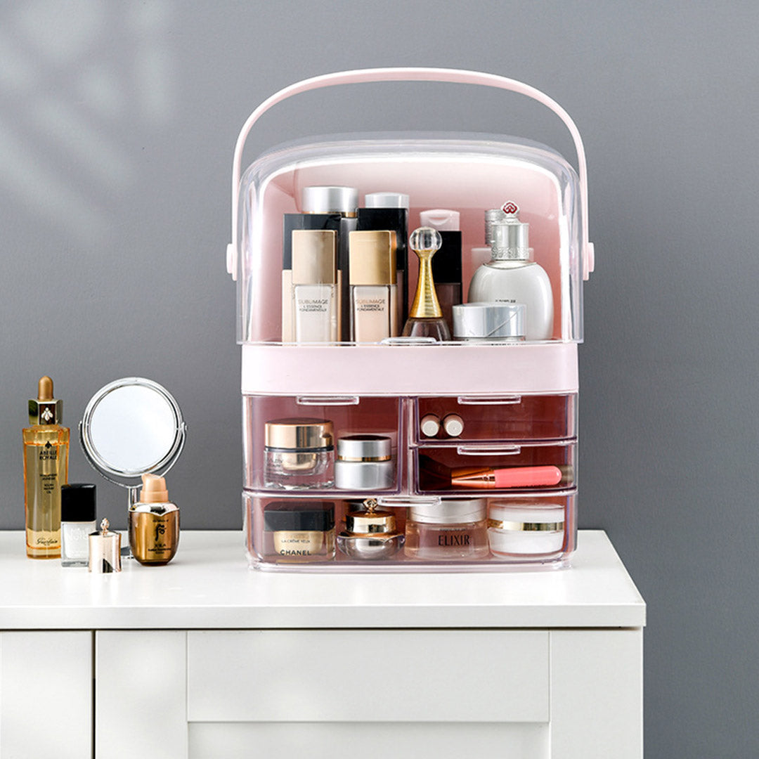 SOGA 3 Tier Pink Countertop Makeup Cosmetic Storage Organiser Skincare Holder Jewelry Storage Box with Handle • LUZ-BathC104