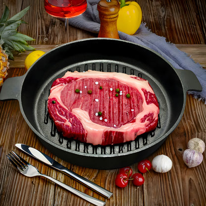 SOGA 2X 25cm Round Ribbed Cast Iron Frying Pan Skillet Steak Sizzle Platter with Handle • LUZ-ZPai001AX2