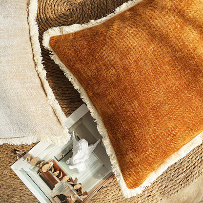 SOGA 45cm Throw Pillow Sunset Orange Chenille Textured with Tassels Stylish Square Cozy Home Decor • LUZ-FrenchCushion279