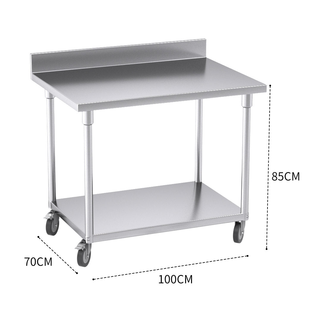 SOGA 100cm Commercial Catering Kitchen Stainless Steel Prep Work Bench Table with Backsplash and Caster Wheels • LUZ-WorkBenchSS8002100CM
