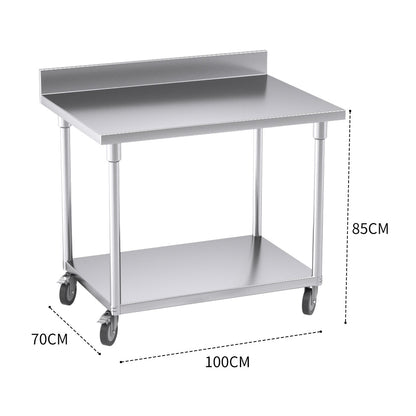 SOGA 100cm Commercial Catering Kitchen Stainless Steel Prep Work Bench Table with Backsplash and Caster Wheels • LUZ-WorkBenchSS8002100CM