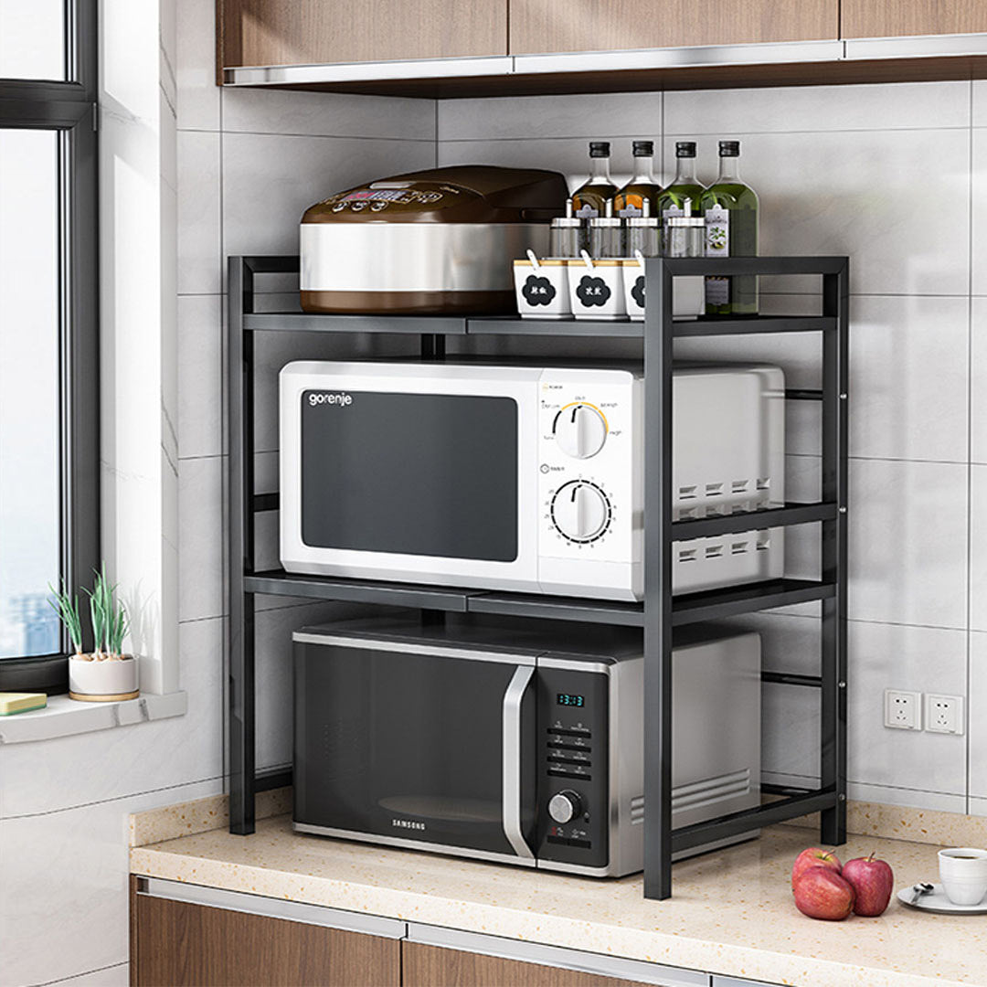 SOGA 2X 3 Tier Steel Black Retractable Kitchen Microwave Oven Stand Multi-Functional Shelves Storage Organizer • LUZ-KitchenXY023X2