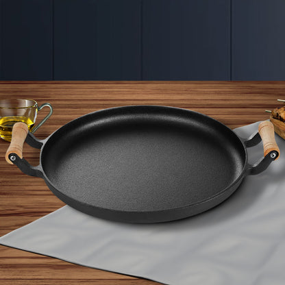 SOGA 35cm Cast Iron Frying Pan Skillet Steak Sizzle Fry Platter With Wooden Handle No Lid • LUZ-ZPaiB8