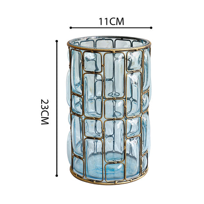 SOGA Blue Colored European Glass Cylinder Flower Vase with Gold Metal Pattern • LUZ-HO-VaseYG3264