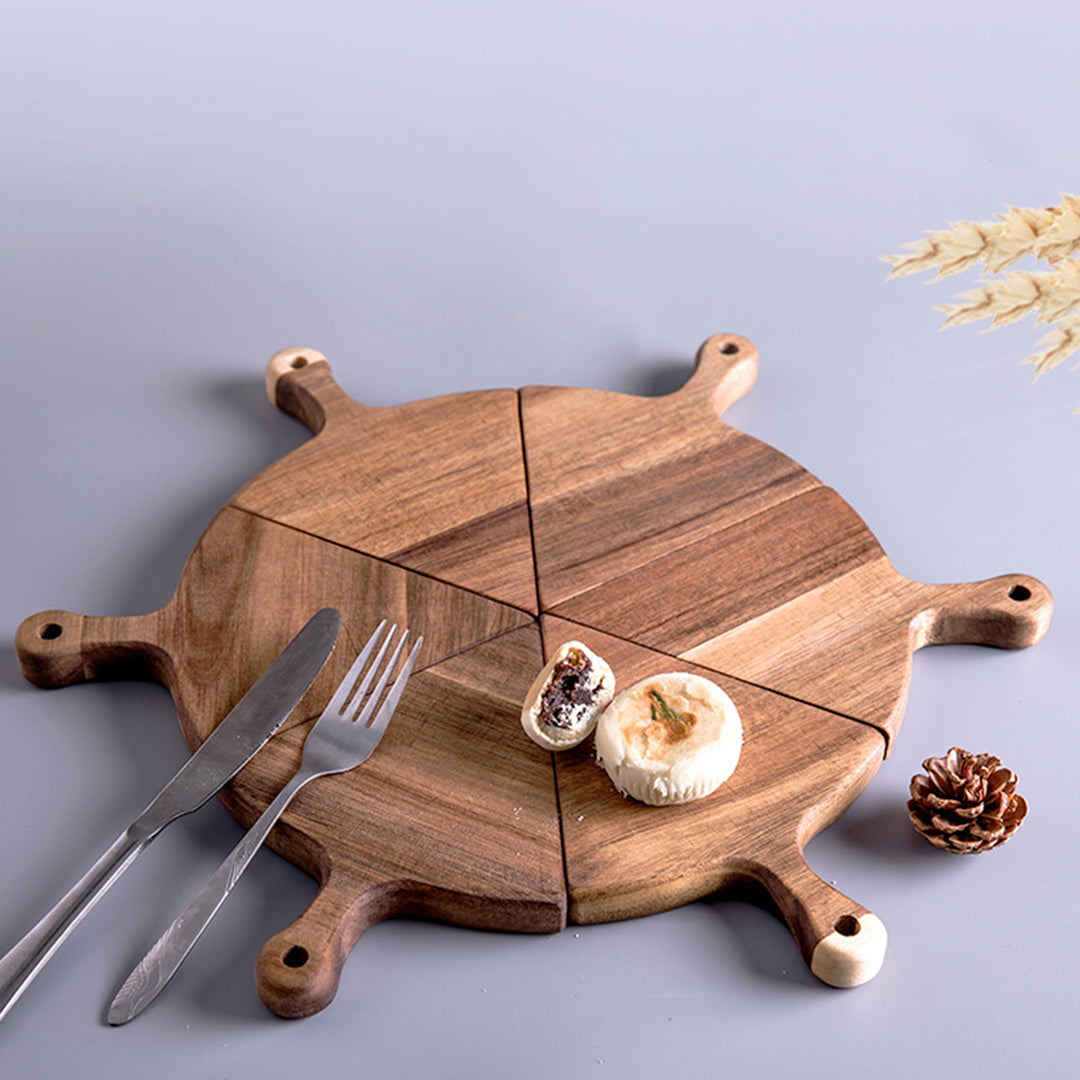 SOGA 6 pcs Brown Round Divisible Wood Pizza Server Food Plate Board Pizza Paddle Cutting Board Home Decor • LUZ-WodE588