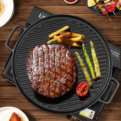 SOGA 2X 30cm Round Cast Iron Ribbed BBQ Pan Skillet Steak Sizzle Platter with Handle • LUZ-ZPai042X2