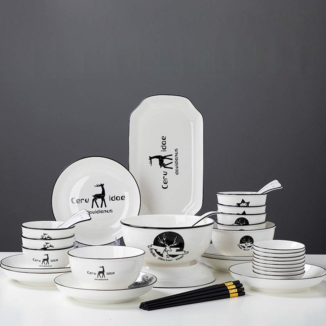 SOGA White Antler Printed Ceramic Dinnerware Set Crockery Soup Bowl Plate Server Kitchen Home Decor Set of 28 • LUZ-BowlG776