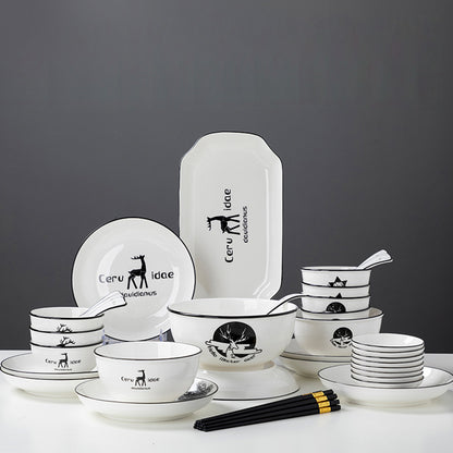 SOGA White Antler Printed Ceramic Dinnerware Set Crockery Soup Bowl Plate Server Kitchen Home Decor Set of 28 • LUZ-BowlG776