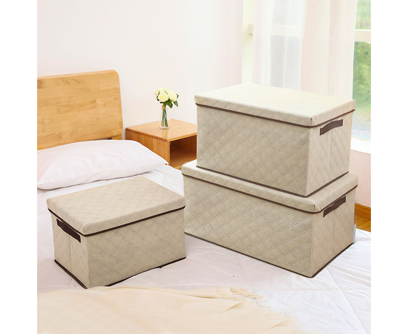 SOGA 2X Extra Large Beige Non-Woven Diamond Quilt Grid Fabric Storage/Organizer Box • LUZ-SBox048X2