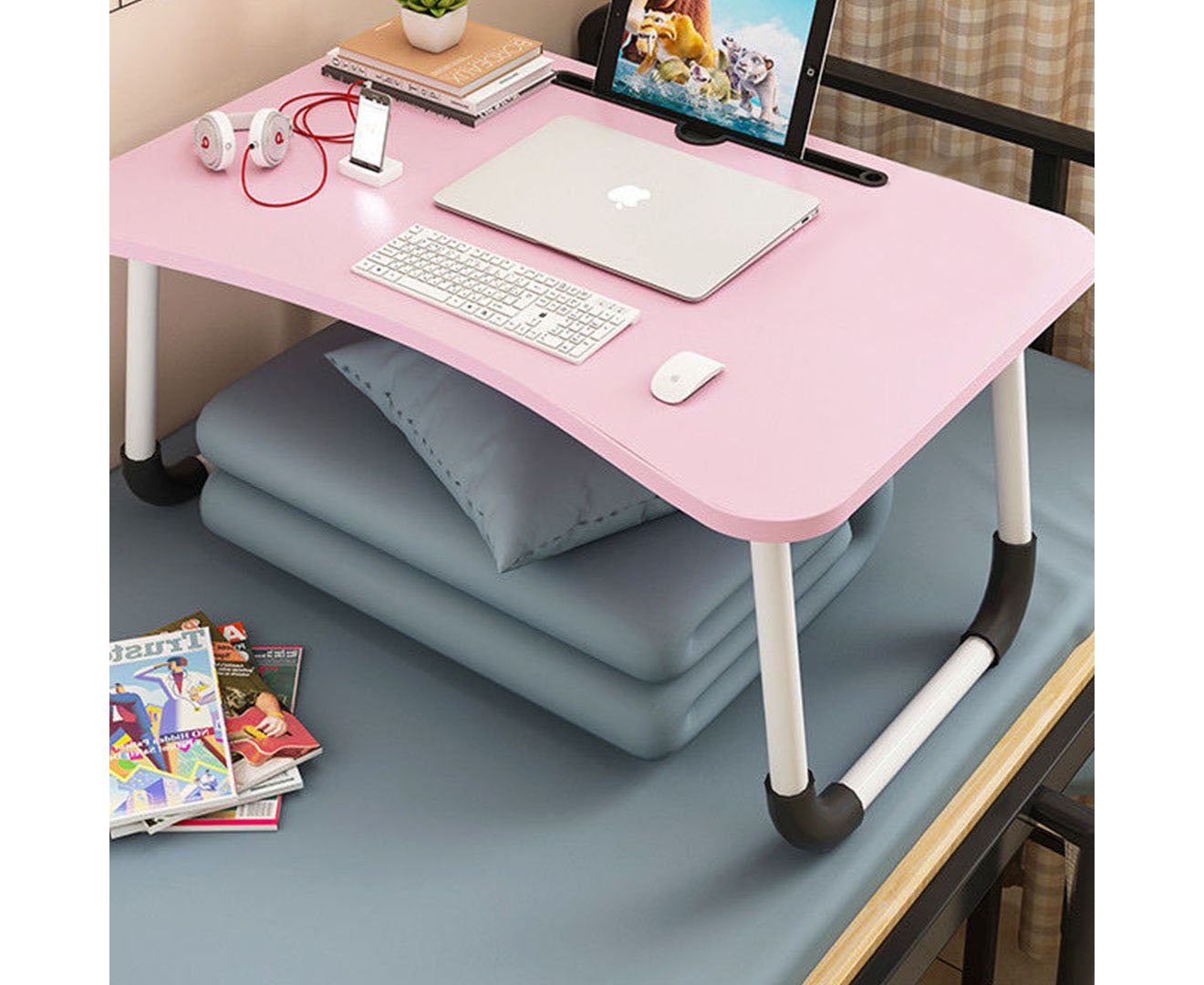 SOGA 2X Pink Portable Bed Table Adjustable Foldable Bed Sofa Study Table Laptop Mini Desk with Notebook Stand Card Slot Holder Home Decor • LUZ-BedTableG44X2