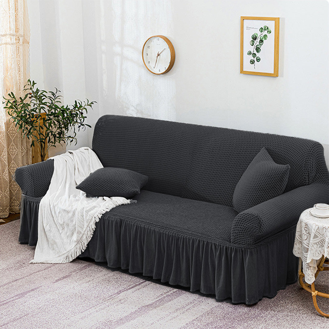 SOGA 3-Seater Dark Grey Sofa Cover with Ruffled Skirt Couch Protector High Stretch Lounge Slipcover Home Decor • LUZ-SofaCov12